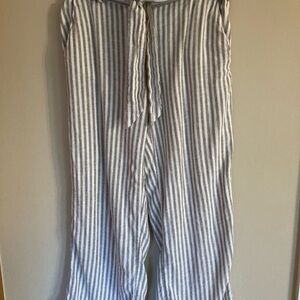 LOFT Gray and White Striped Wide-Leg Linen Pants